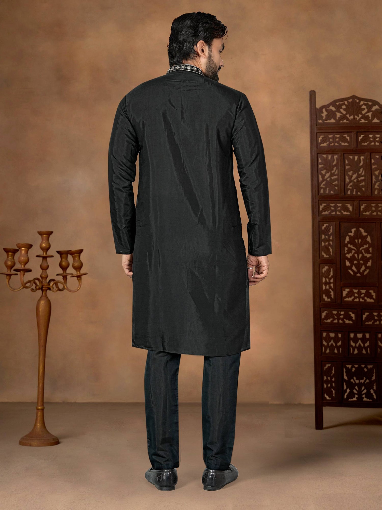 Black Pure Soft Premium Silk Kurta Pajama With Father &amp; Son Matching Combo Set