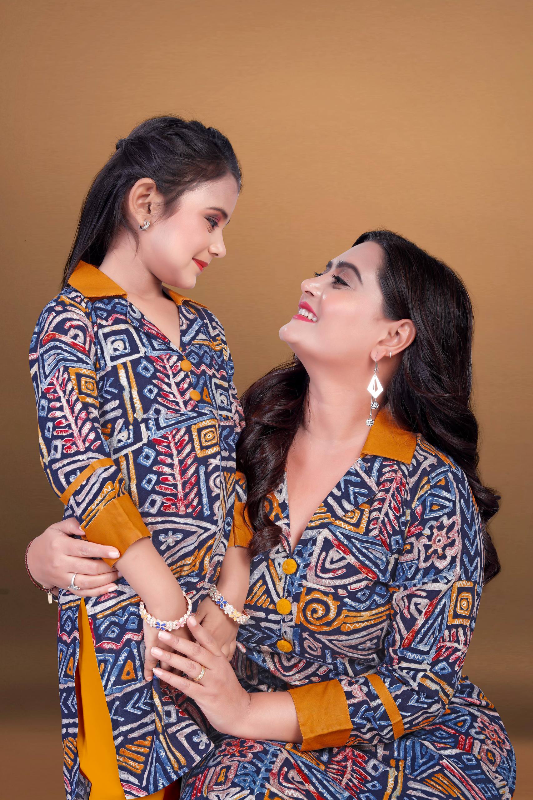 Blue Pure Soft Reyon Printed Kurta Pajama Mother Daughter Matching Couple Combo Set