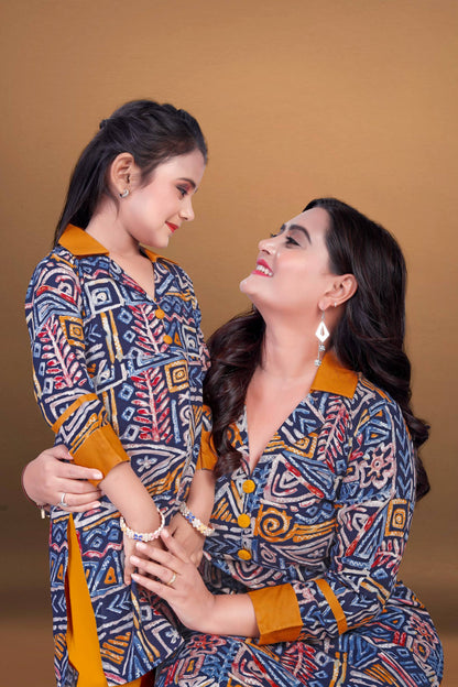 Blue Pure Soft Reyon Printed Kurta Pajama Mother Daughter Matching Couple Combo Set