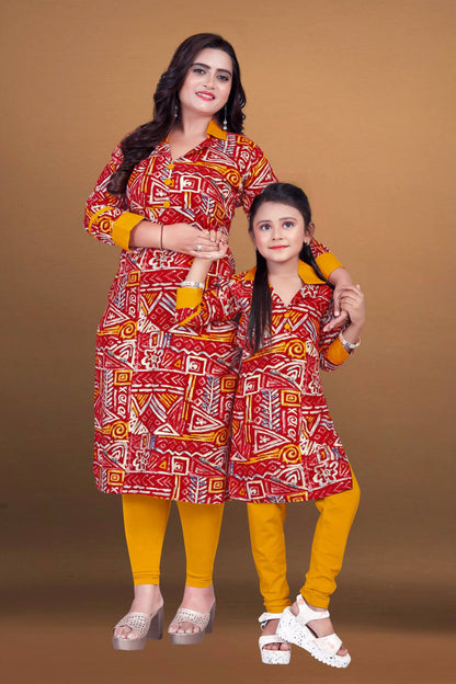 Red Pure Soft Reyon Printed Kurta Pajama Mother Daughter Matching Couple Combo Set