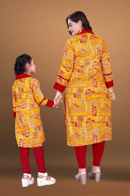 Yellow Pure Soft Reyon Printed Kurta Pajama Mother Daughter Matching Couple Combo Set