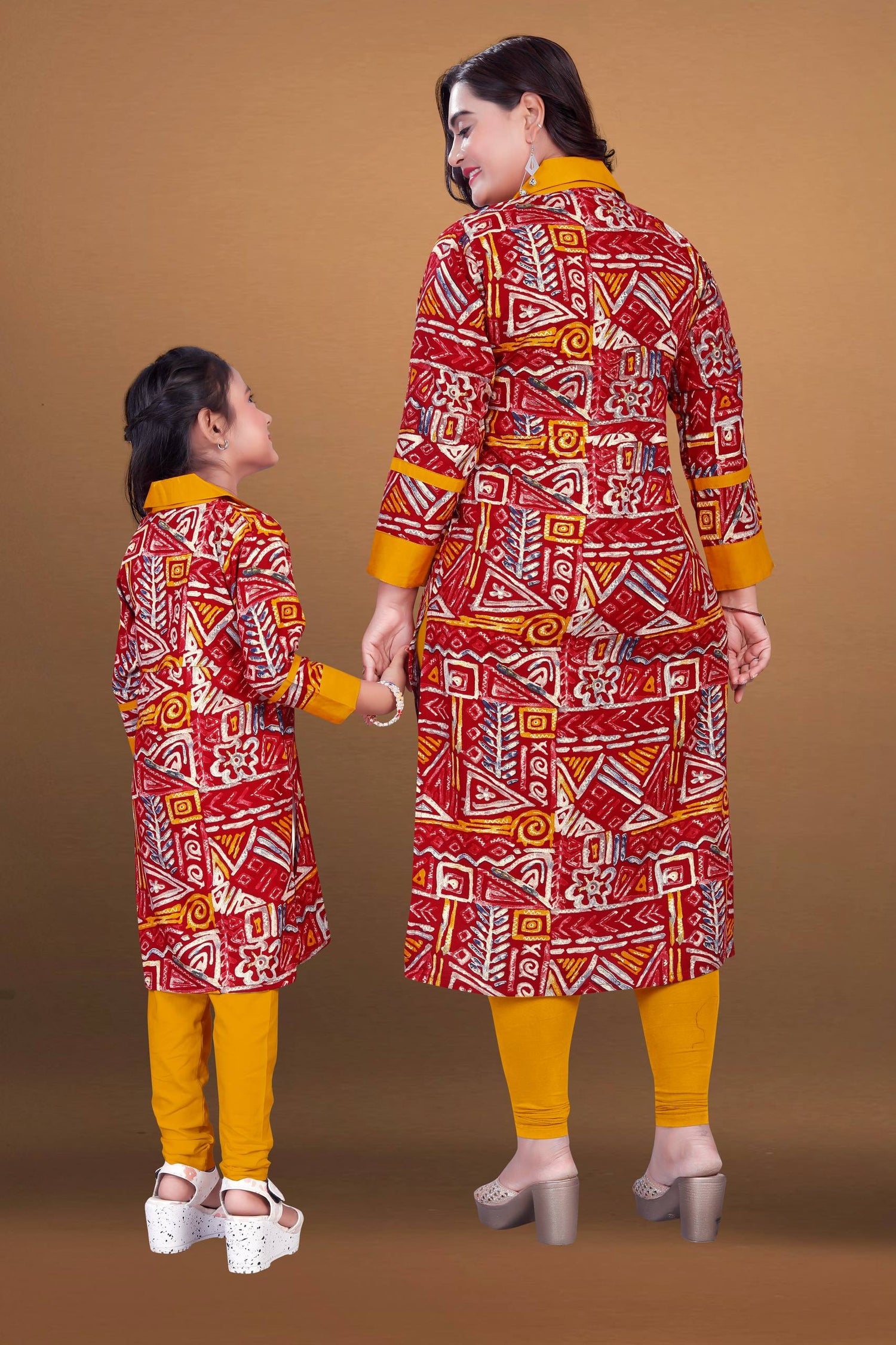 Red Pure Soft Reyon Printed Kurta Pajama Mother Daughter Matching Couple Combo Set