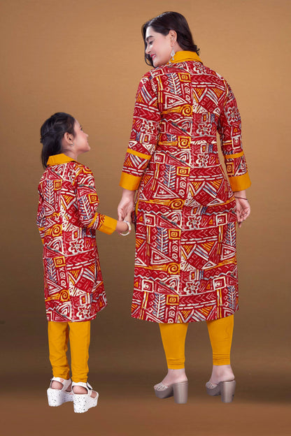 Red Pure Soft Reyon Printed Kurta Pajama Mother Daughter Matching Couple Combo Set