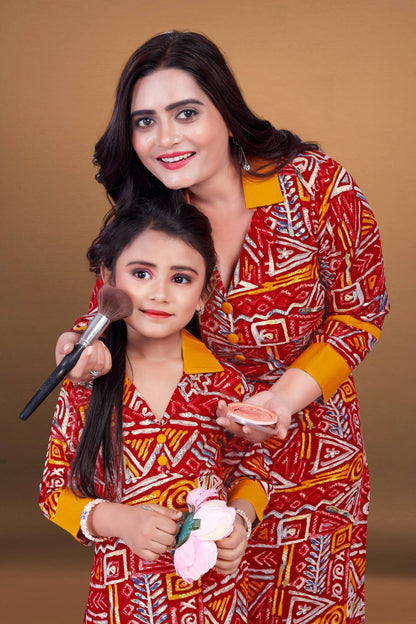 Red Pure Soft Reyon Printed Kurta Pajama Mother Daughter Matching Couple Combo Set