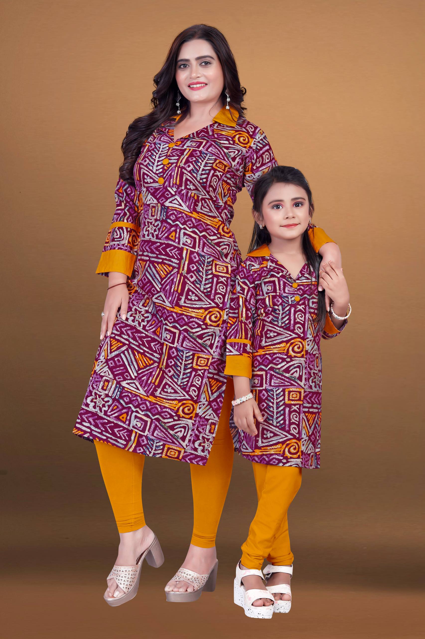 Purple Pure Soft Reyon Printed Kurta Pajama Mother Daughter Matching Couple Combo Set