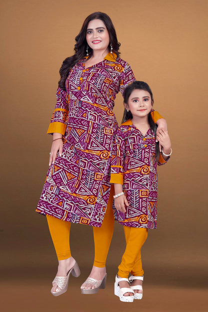 Purple Pure Soft Reyon Printed Kurta Pajama Mother Daughter Matching Couple Combo Set