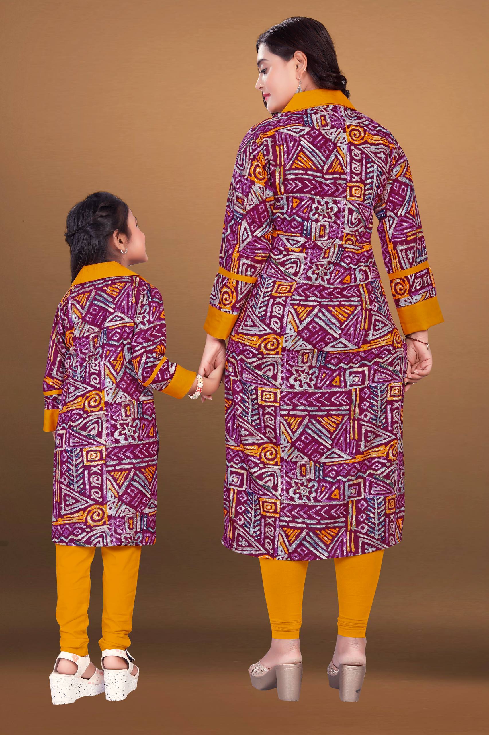 Purple Pure Soft Reyon Printed Kurta Pajama Mother Daughter Matching Couple Combo Set