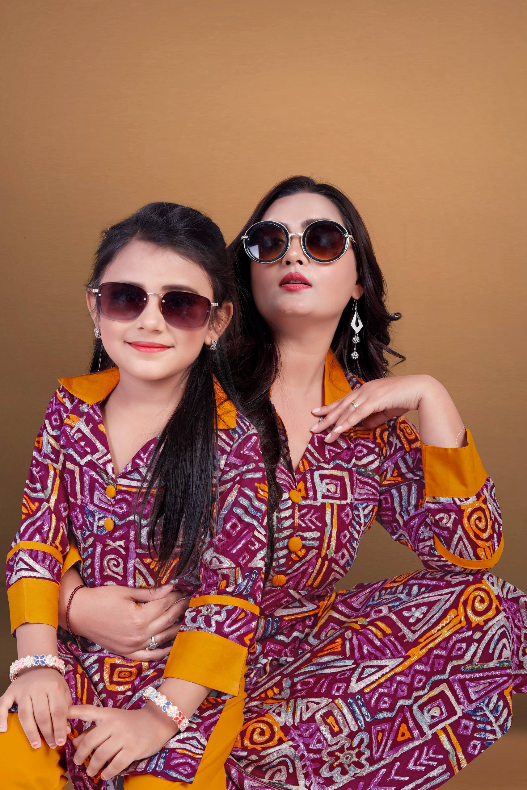 Purple Pure Soft Reyon Printed Kurta Pajama Mother Daughter Matching Couple Combo Set