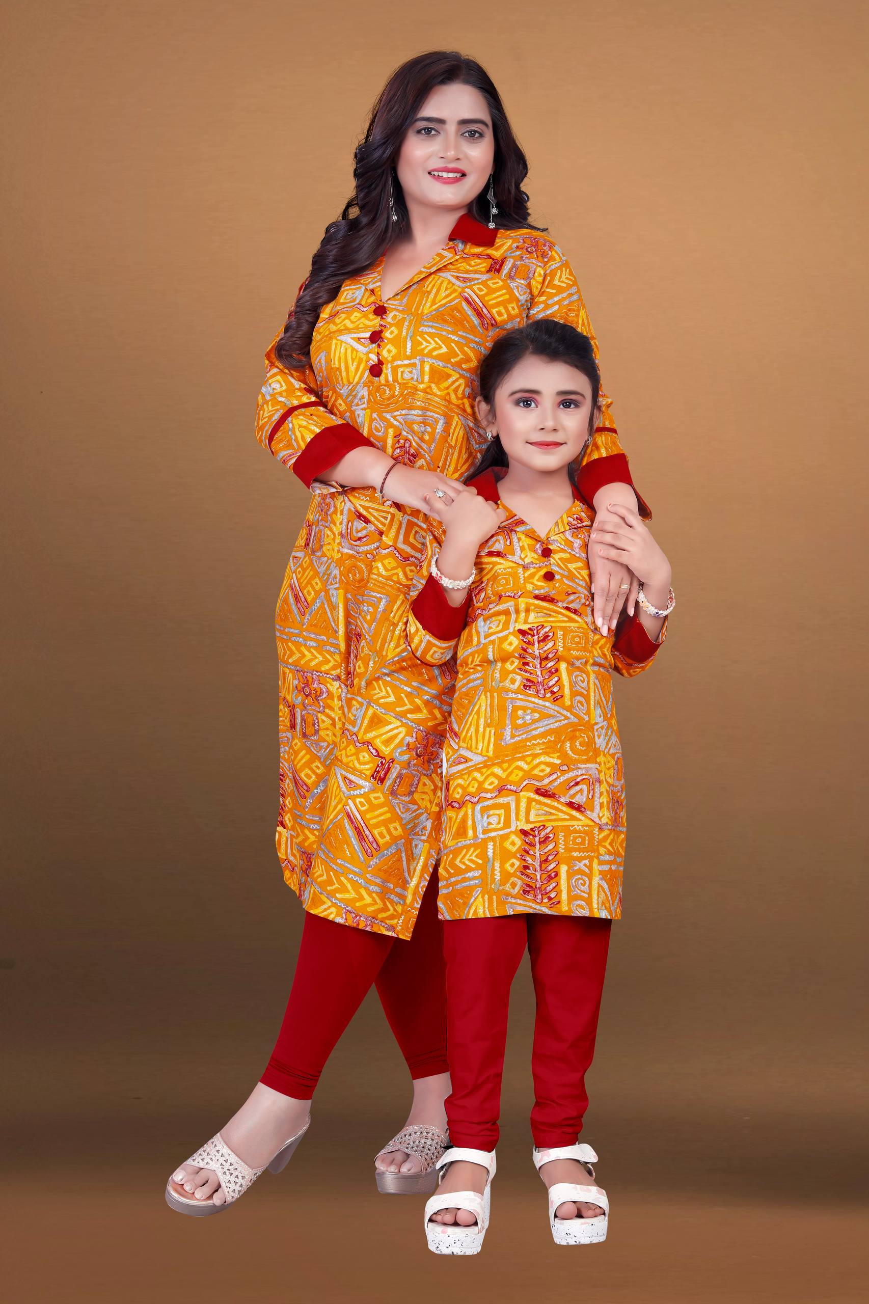 Yellow Pure Soft Reyon Printed Kurta Pajama Mother Daughter Matching Couple Combo Set