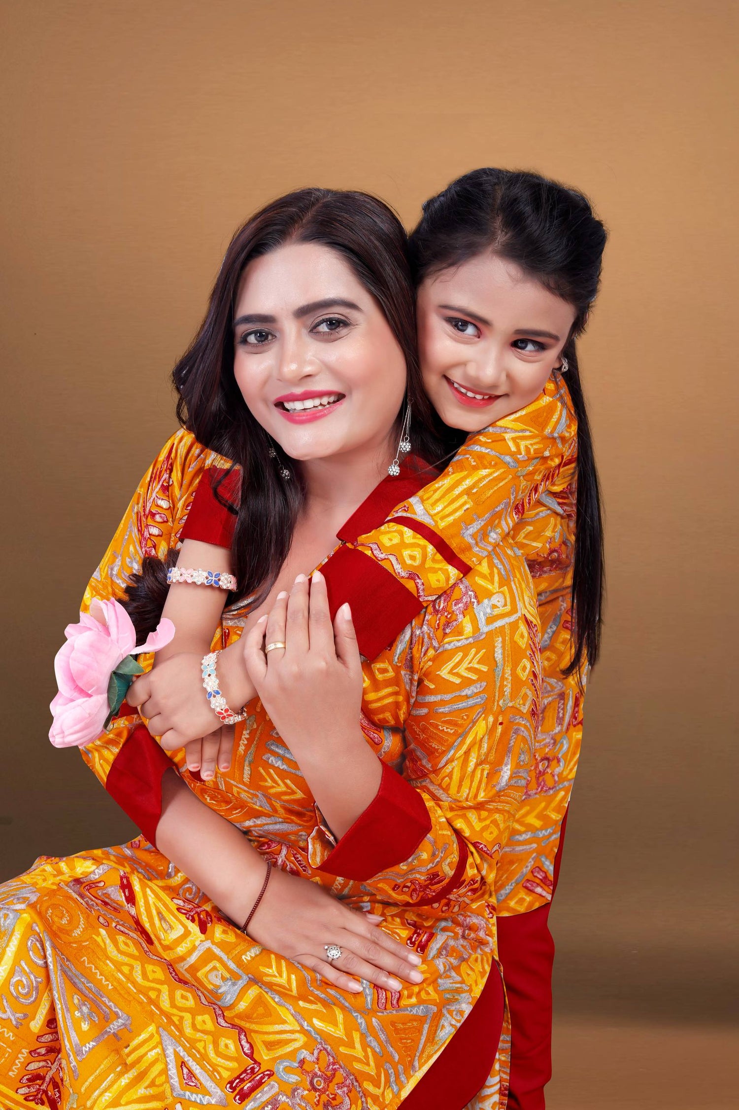 Yellow Pure Soft Reyon Printed Kurta Pajama Mother Daughter Matching Couple Combo Set