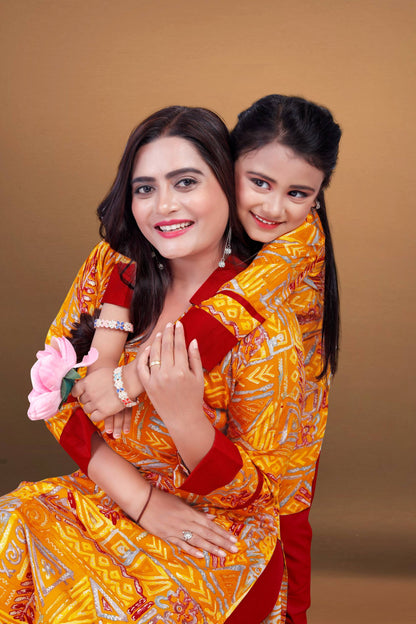 Yellow Pure Soft Reyon Printed Kurta Pajama Mother Daughter Matching Couple Combo Set