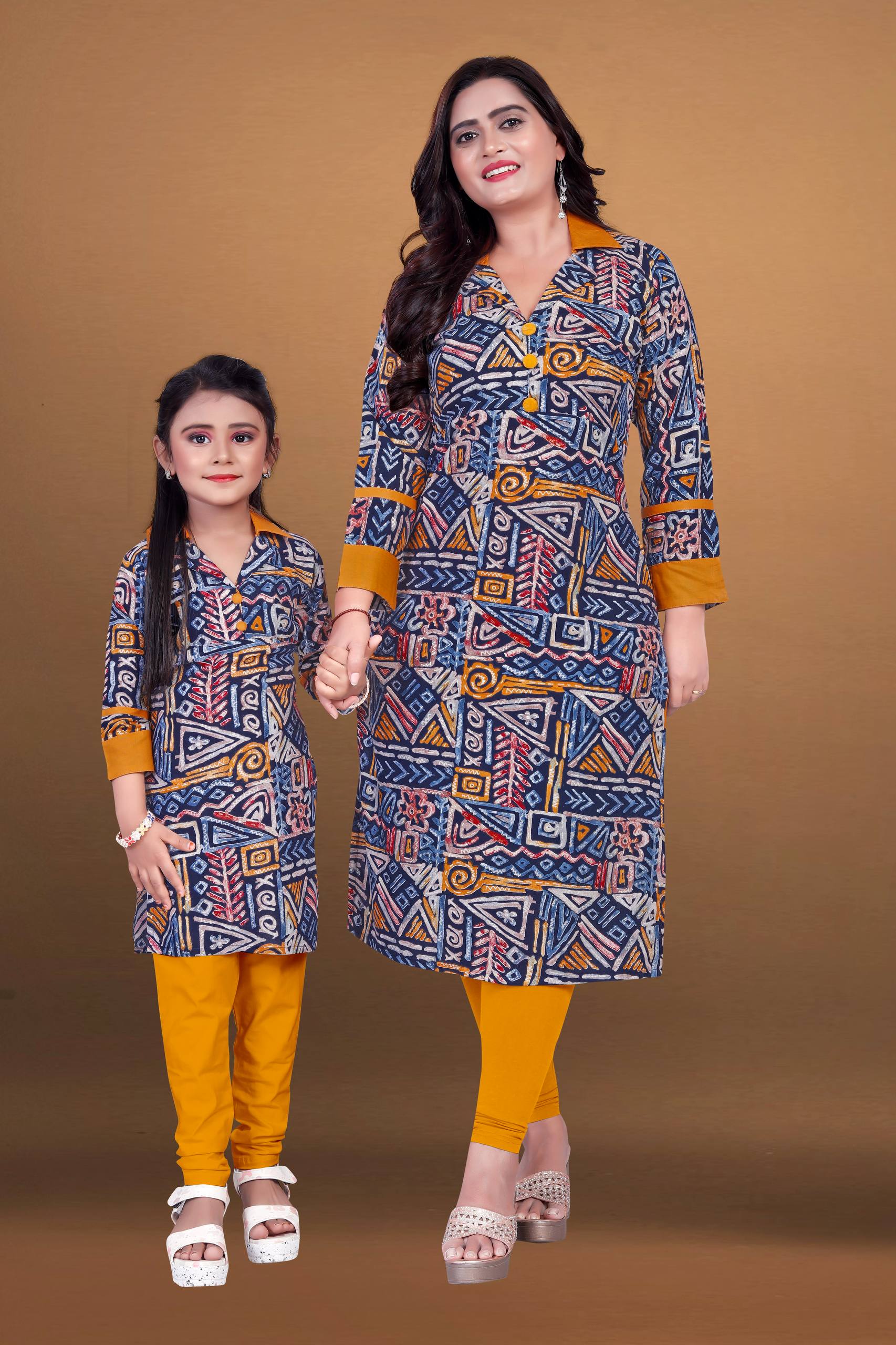 Blue Pure Soft Reyon Printed Kurta Pajama Mother Daughter Matching Couple Combo Set