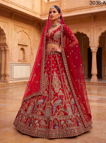 Red Pure Gadhwal Silk Khatali Handwork Sequins &amp; Crystal Bridal Lehenga Choli