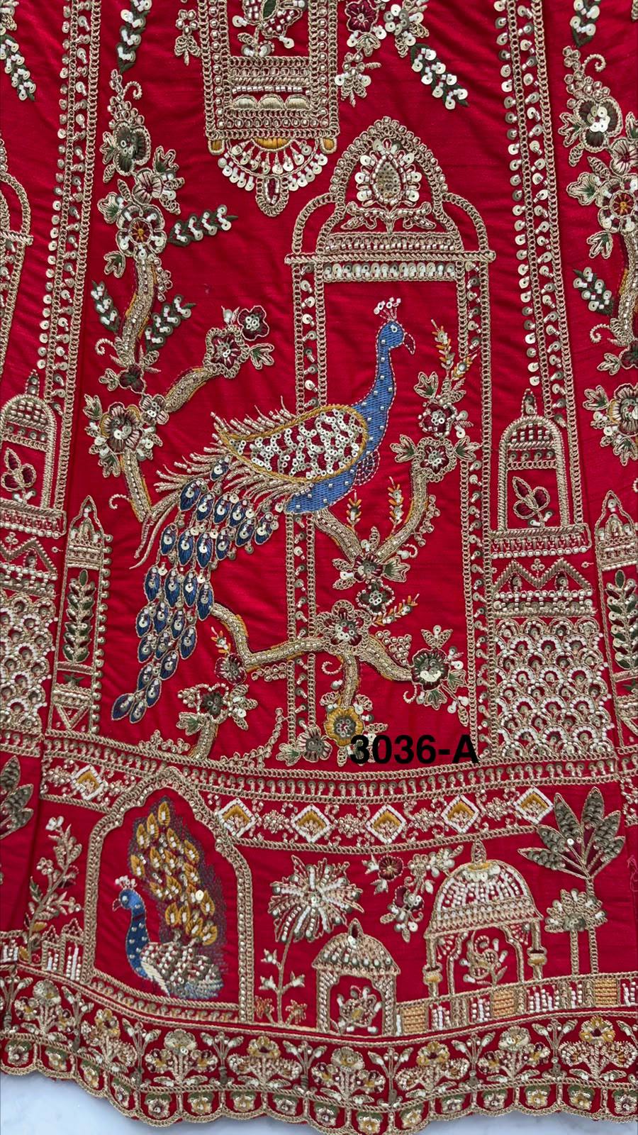 Red Pure Gadhwal Silk Khatali Handwork Sequins &amp; Crystal Bridal Lehenga Choli
