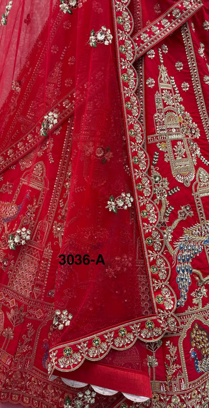 Red Pure Gadhwal Silk Khatali Handwork Sequins &amp; Crystal Bridal Lehenga Choli