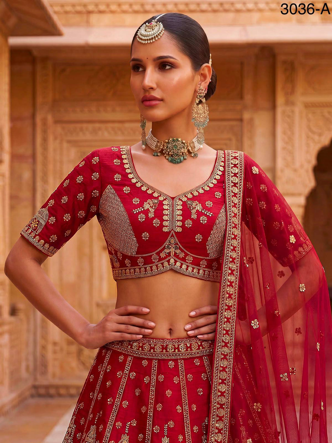 Red Pure Gadhwal Silk Khatali Handwork Sequins &amp; Crystal Bridal Lehenga Choli