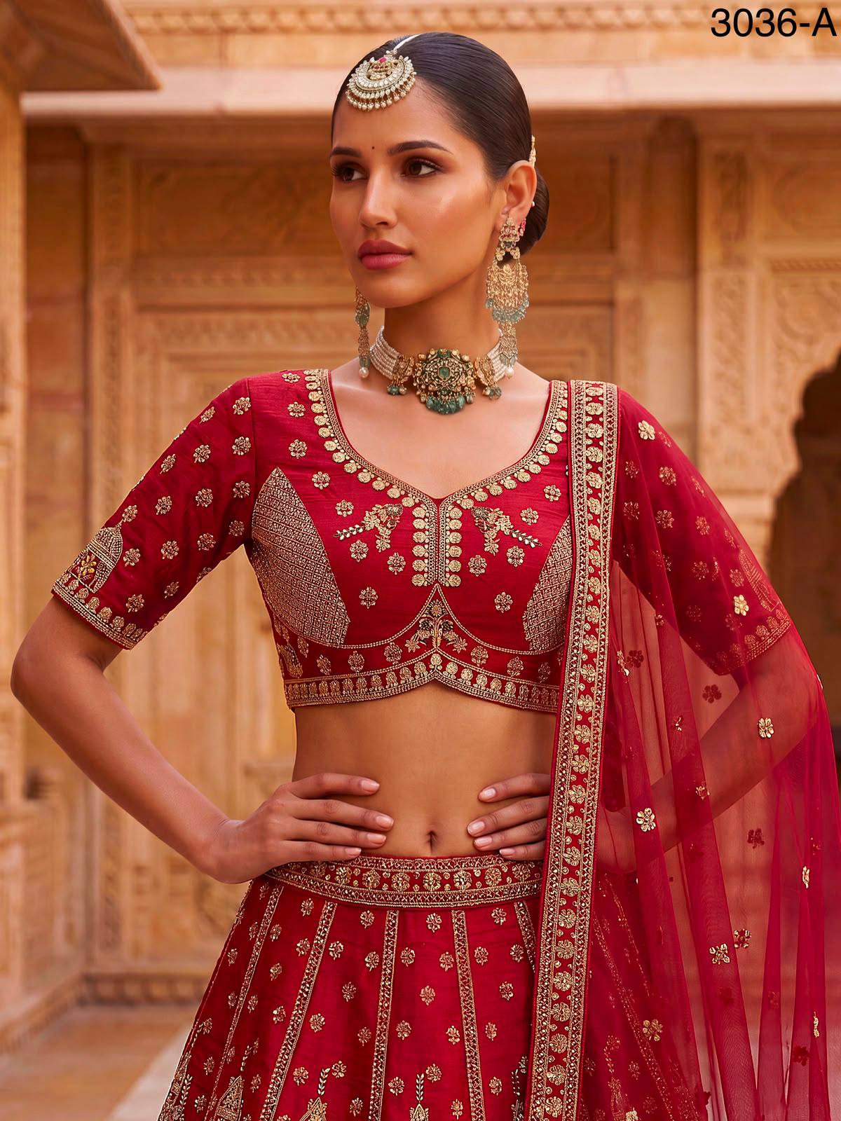 Red Pure Gadhwal Silk Khatali Handwork Sequins &amp; Crystal Bridal Lehenga Choli