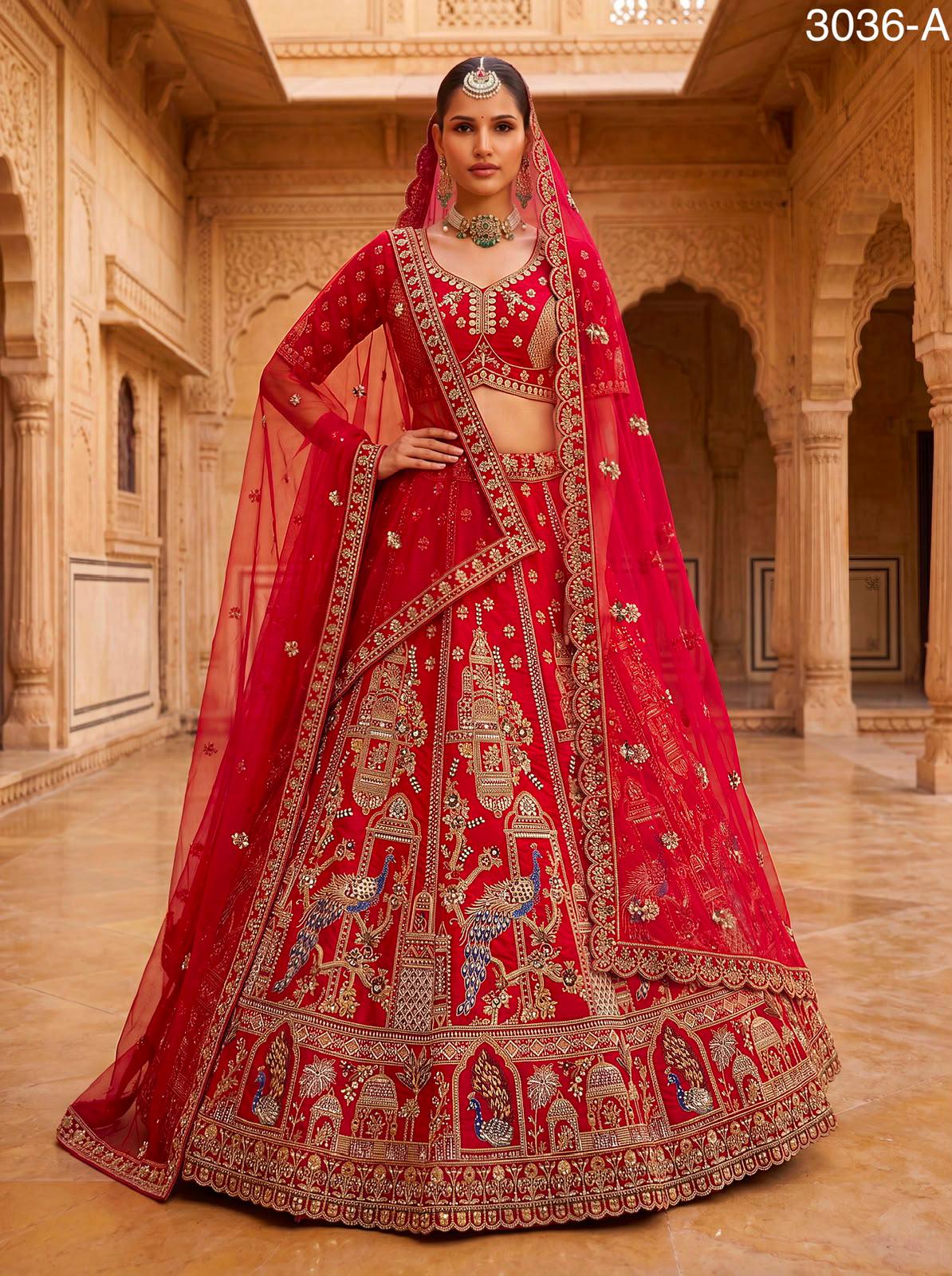 Red Pure Gadhwal Silk Khatali Handwork Sequins &amp; Crystal Bridal Lehenga Choli