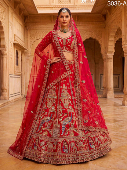 Red Pure Gadhwal Silk Khatali Handwork Sequins &amp; Crystal Bridal Lehenga Choli