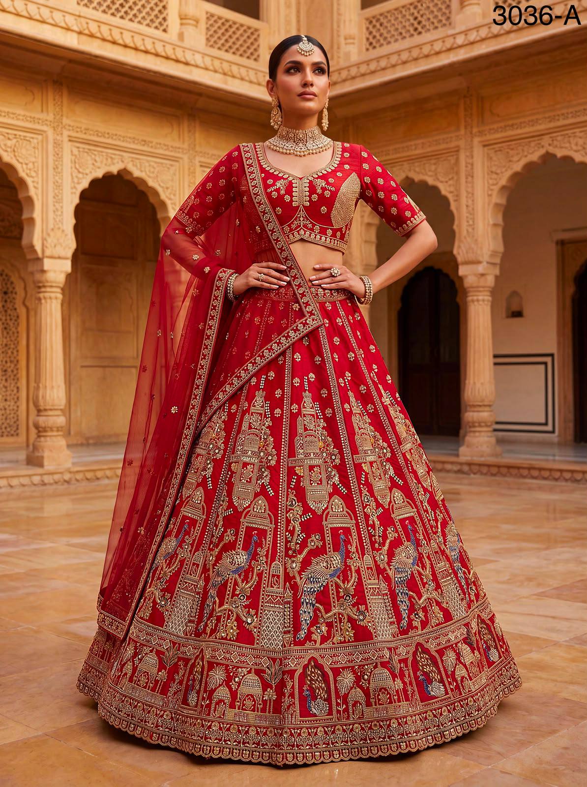 Red Pure Gadhwal Silk Khatali Handwork Sequins &amp; Crystal Bridal Lehenga Choli