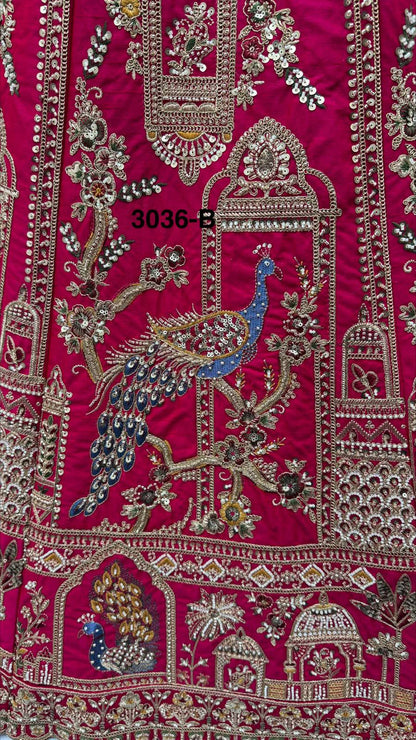 Rani Pink Pure Gadhwal Silk Khatali Handwork Sequins &amp; Crystal Bridal Lehenga Choli