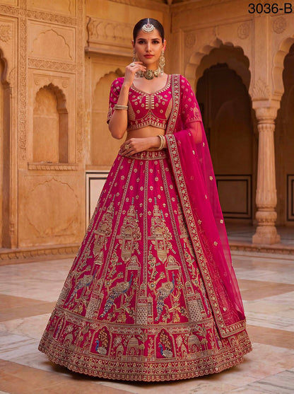 Rani Pink Pure Gadhwal Silk Khatali Handwork Sequins &amp; Crystal Bridal Lehenga Choli