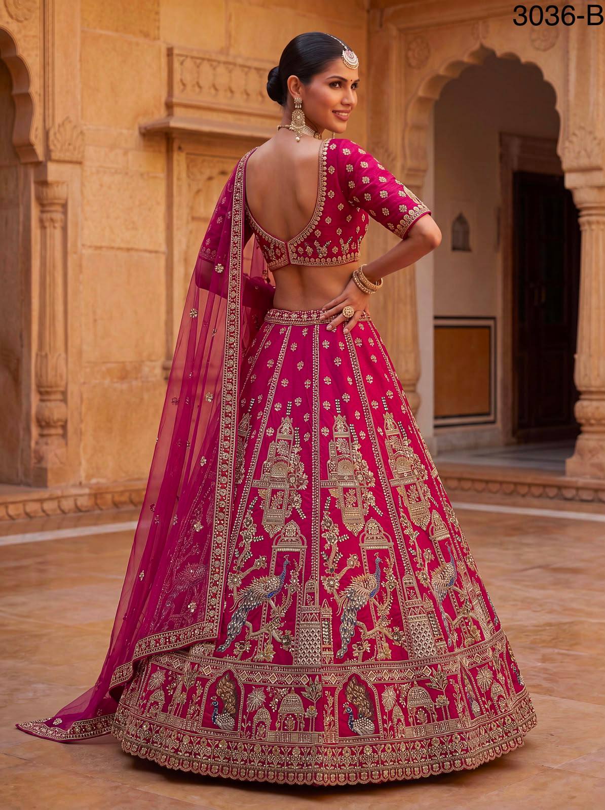 Rani Pink Pure Gadhwal Silk Khatali Handwork Sequins &amp; Crystal Bridal Lehenga Choli