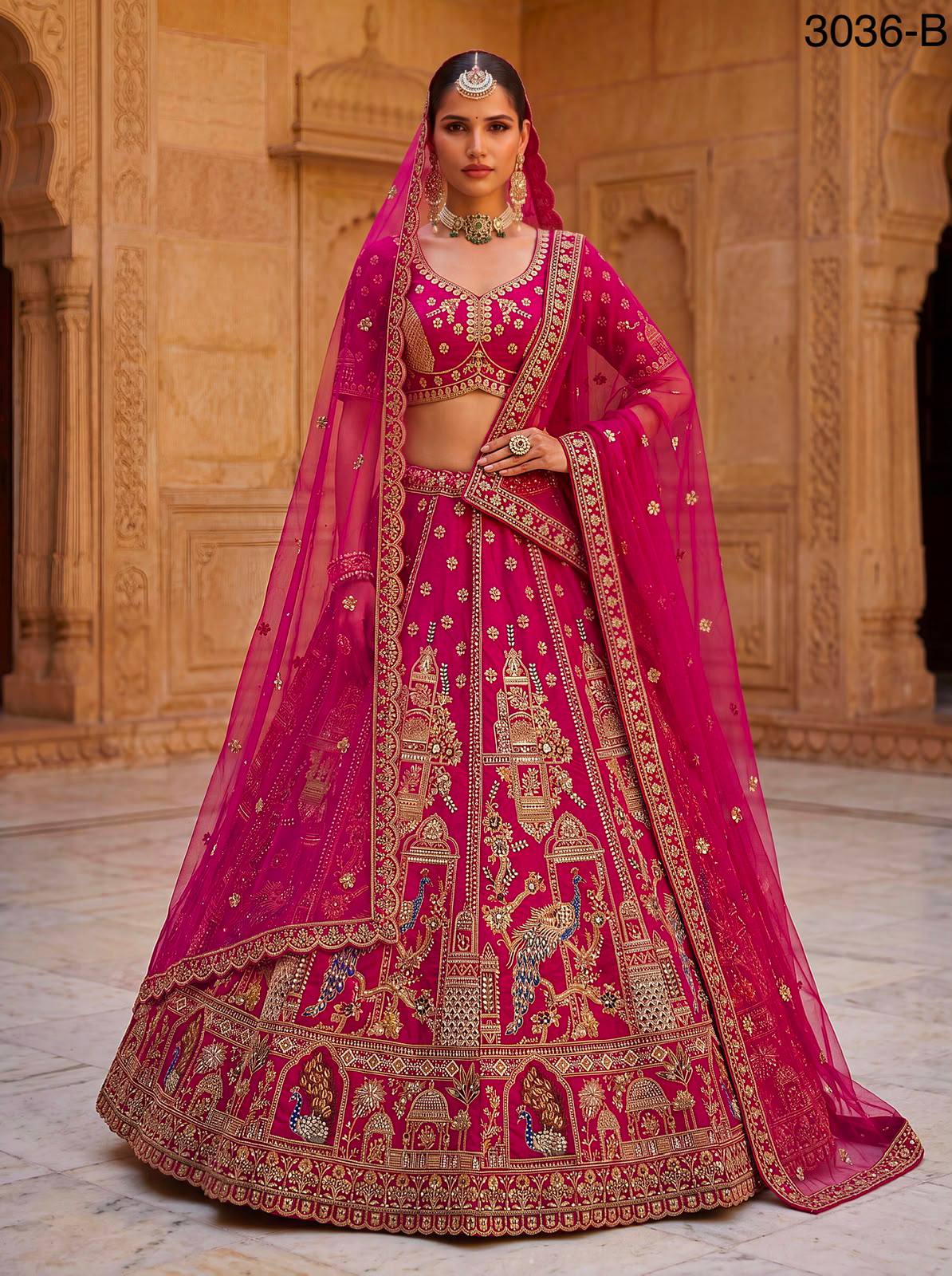 Rani Pink Pure Gadhwal Silk Khatali Handwork Sequins &amp; Crystal Bridal Lehenga Choli