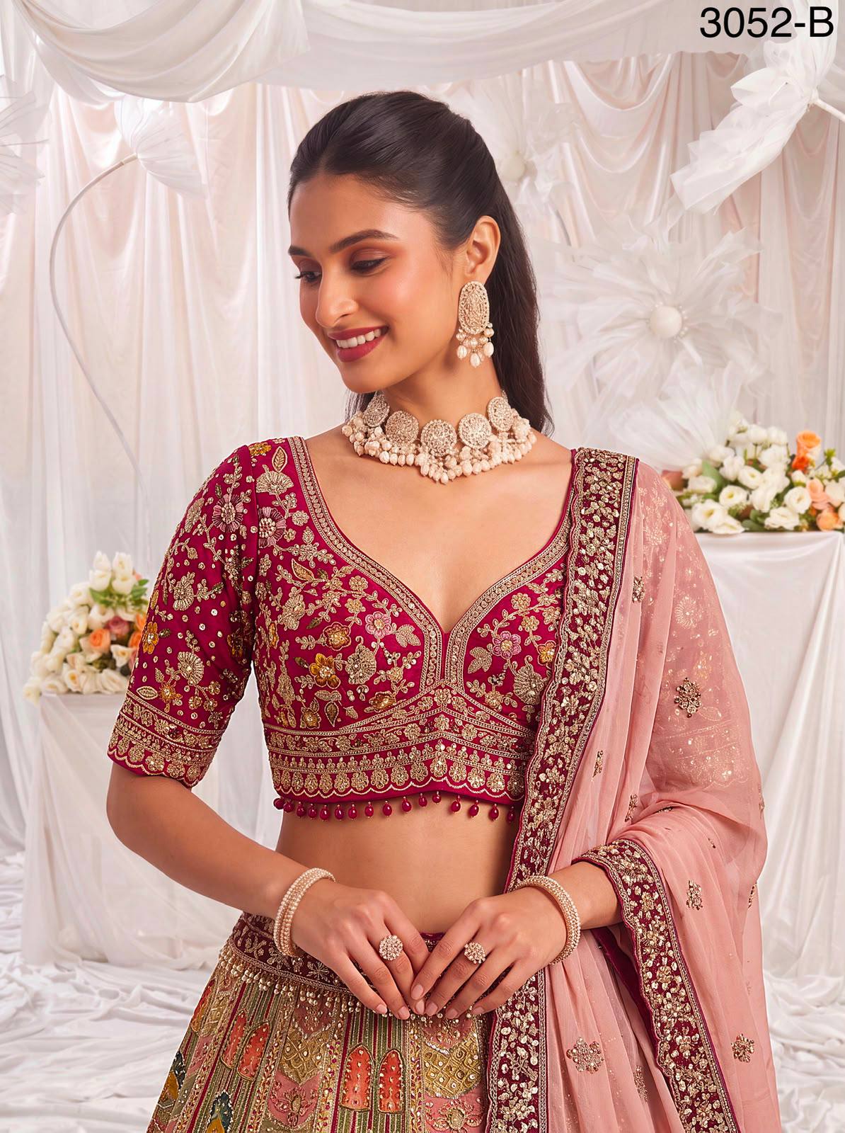 Multi Colour Pure Slub Silk Premium Dori Embroidery Sequins &amp; Diamond Work Bridal Lehenga Choli