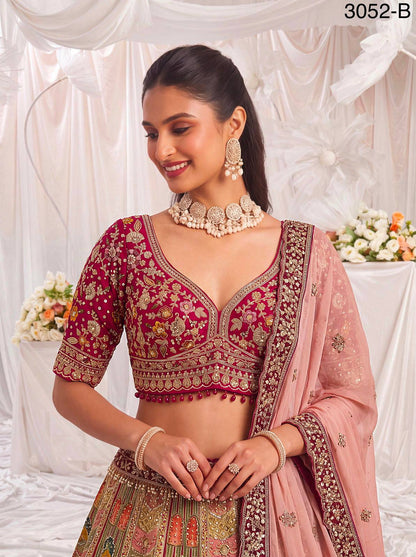 Multi Colour Pure Slub Silk Premium Dori Embroidery Sequins &amp; Diamond Work Bridal Lehenga Choli