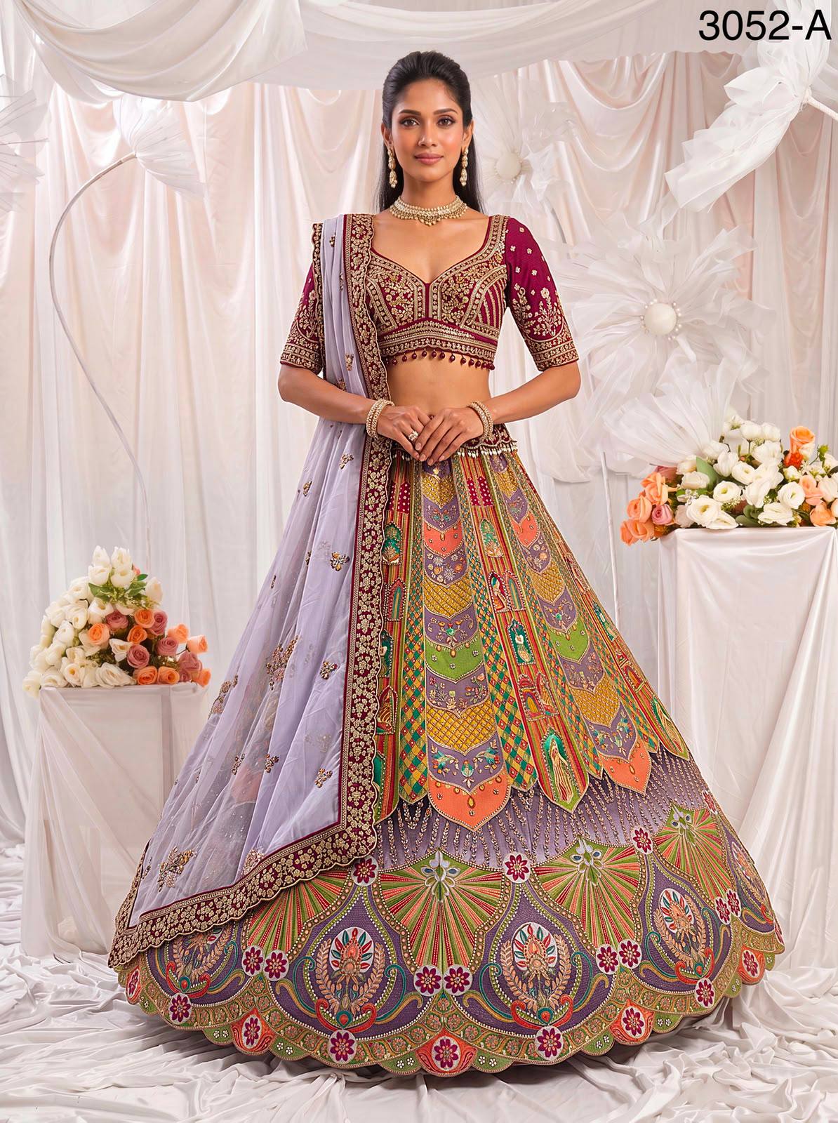 Multi Colour Pure Slub Silk Premium Dori Embroidery Sequins &amp; Diamond Work Bridal Lehenga Choli