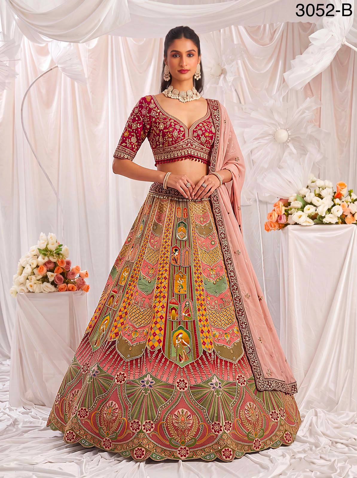 Multi Colour Pure Slub Silk Premium Dori Embroidery Sequins &amp; Diamond Work Bridal Lehenga Choli