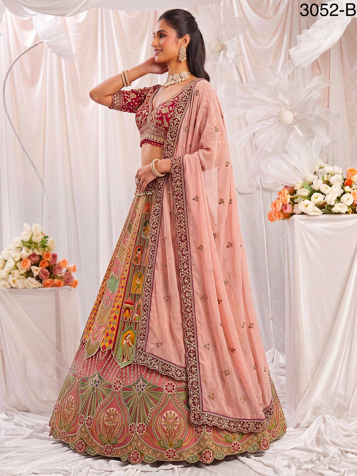 Multi Colour Pure Slub Silk Premium Dori Embroidery Sequins &amp; Diamond Work Bridal Lehenga Choli