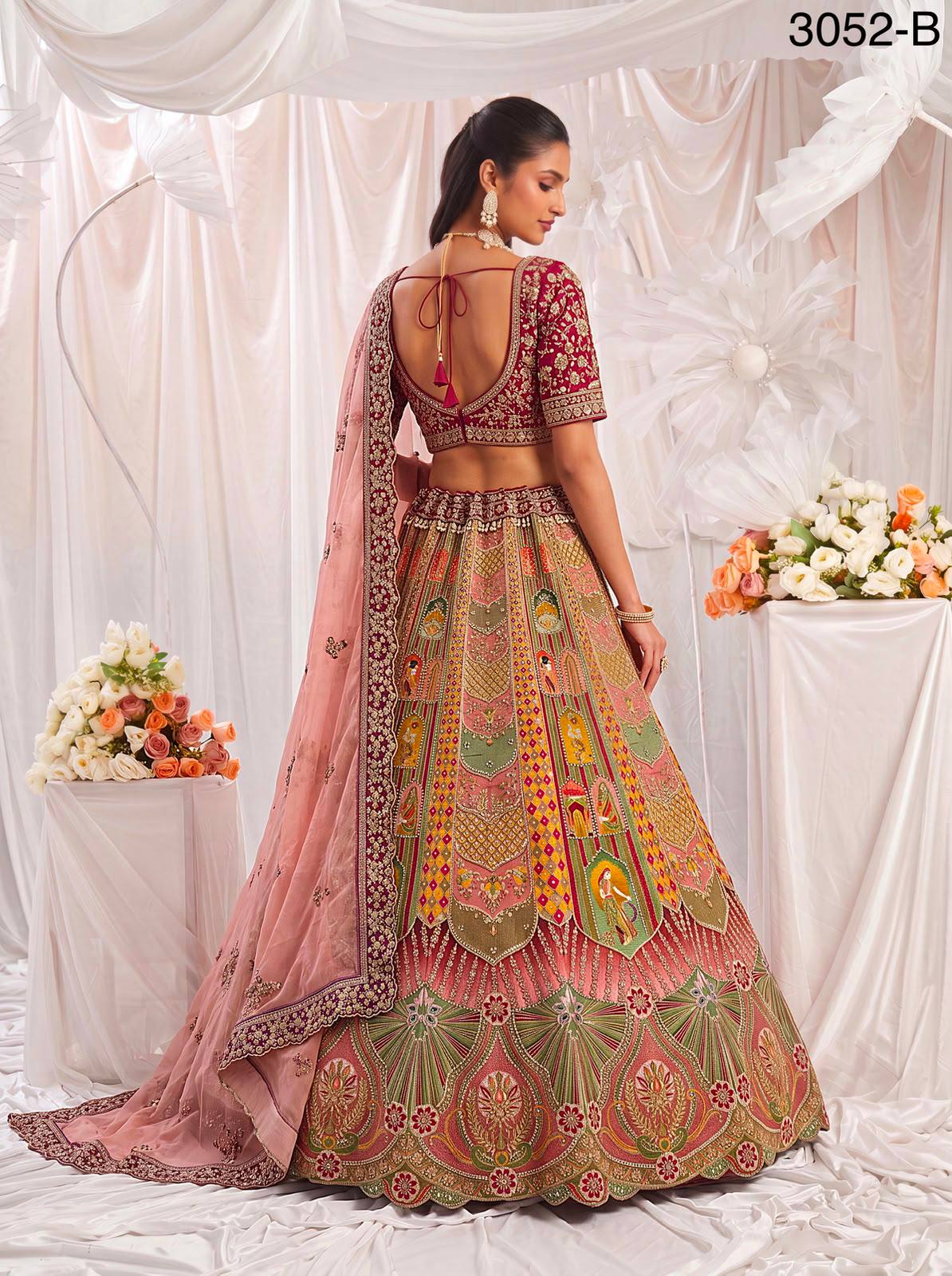 Multi Colour Pure Slub Silk Premium Dori Embroidery Sequins &amp; Diamond Work Bridal Lehenga Choli