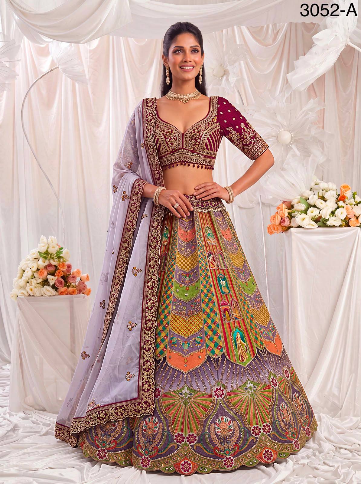Multi Colour Pure Slub Silk Premium Dori Embroidery Sequins &amp; Diamond Work Bridal Lehenga Choli