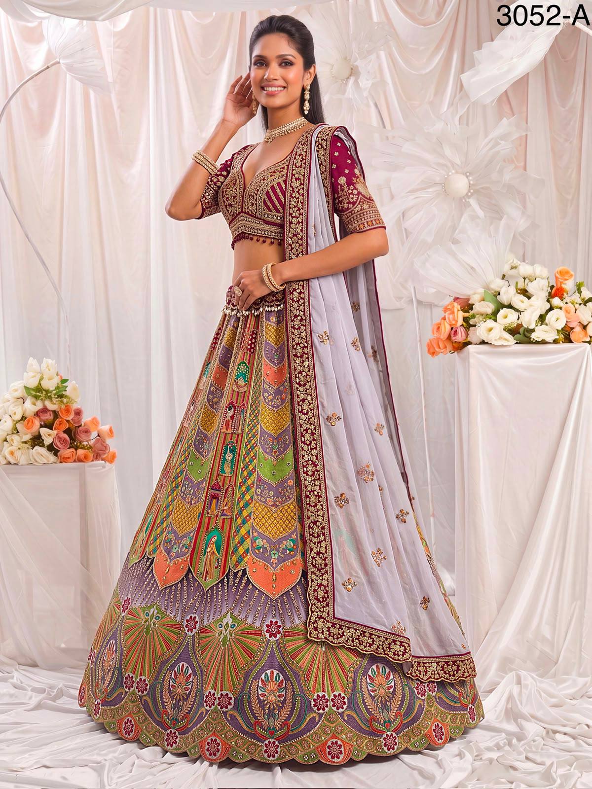 Multi Colour Pure Slub Silk Premium Dori Embroidery Sequins &amp; Diamond Work Bridal Lehenga Choli