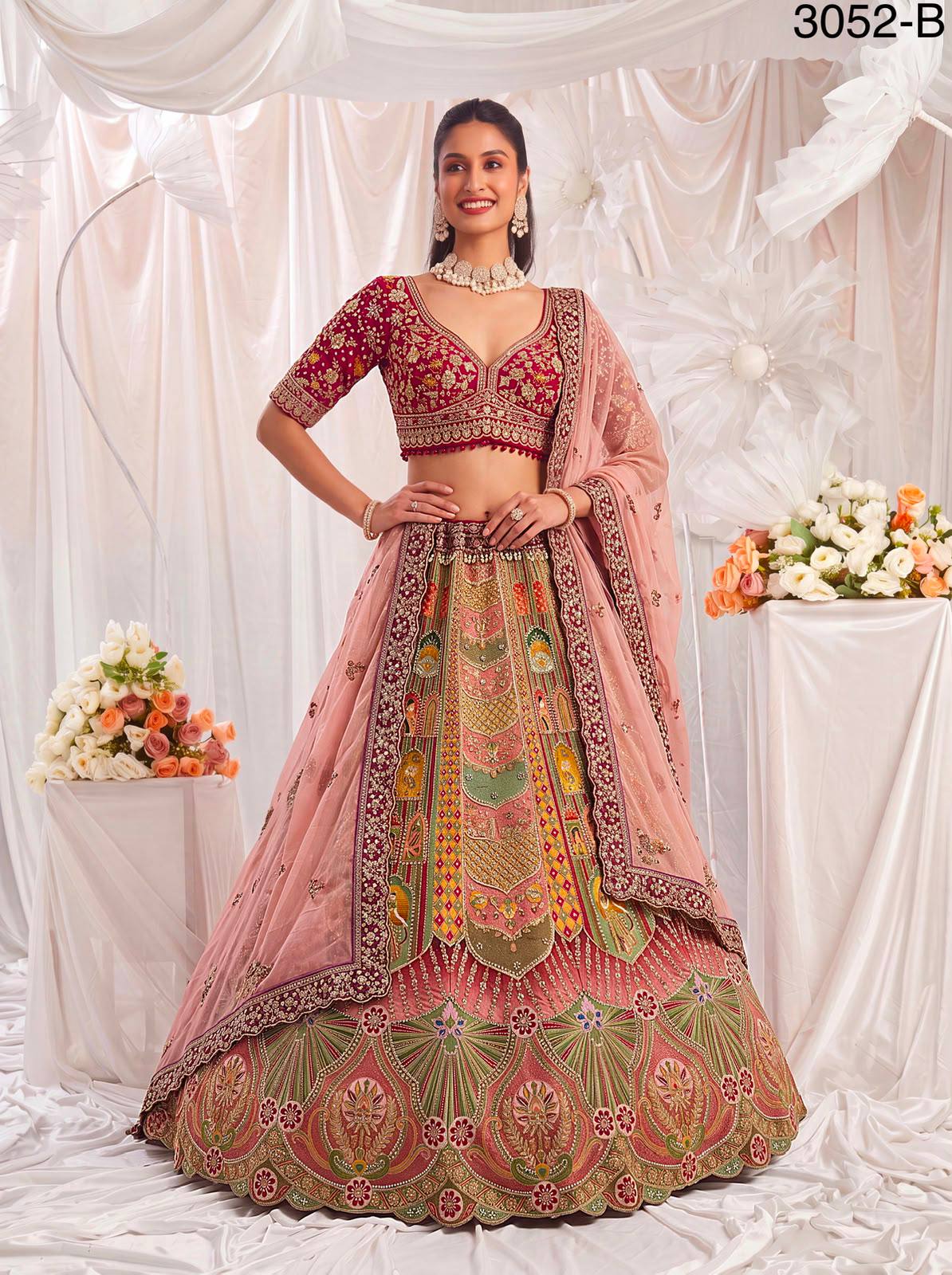 Multi Colour Pure Slub Silk Premium Dori Embroidery Sequins &amp; Diamond Work Bridal Lehenga Choli