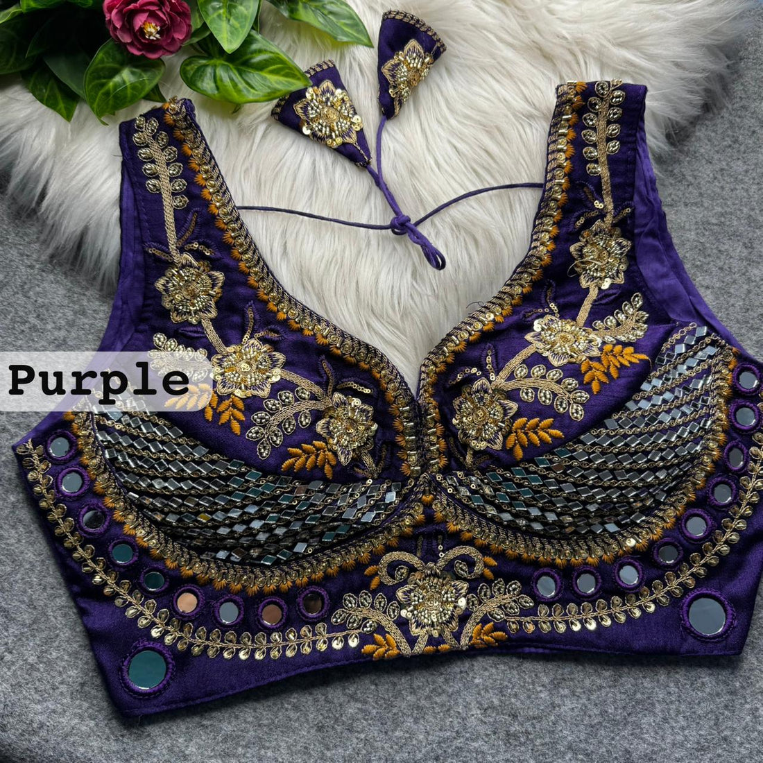 Purple Pure Heavy Real Mirror Thread &amp; Kaudi Wok Bridal Blouse