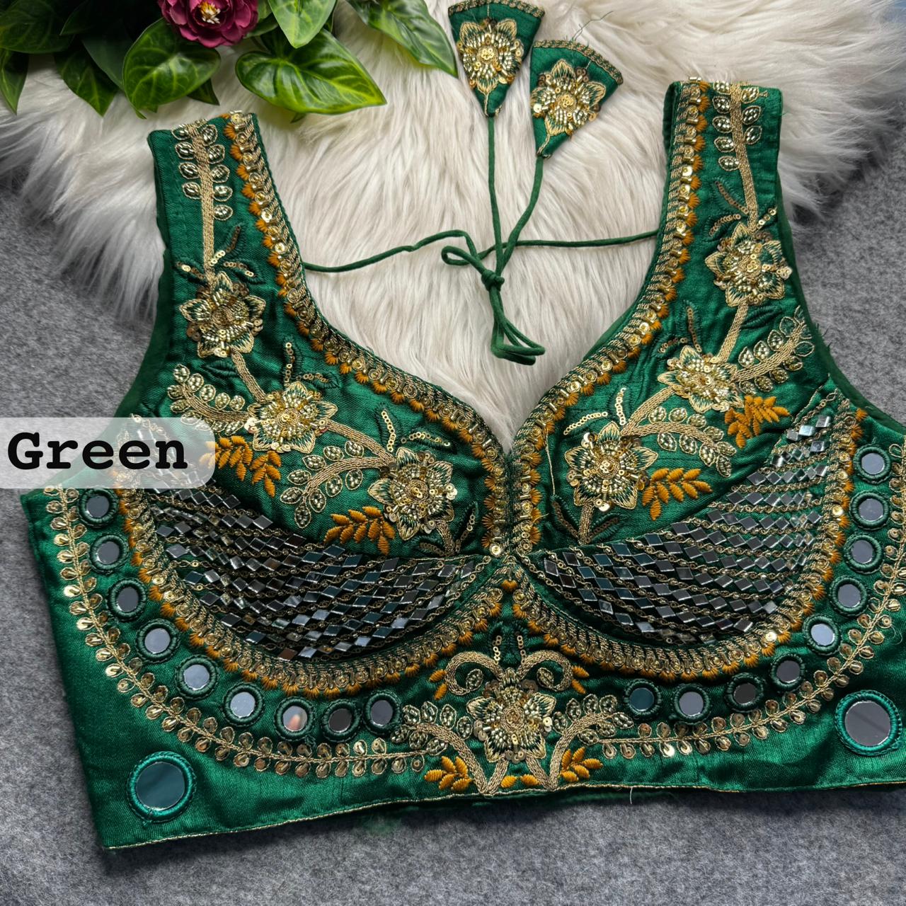 Green Pure Heavy Real Mirror Thread &amp; Kaudi Wok Bridal Blouse