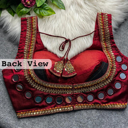 Maroon Pure Heavy Real Mirror Thread &amp; Kaudi Wok Bridal Blouse