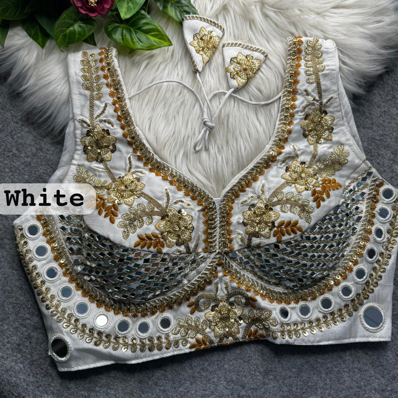 White Pure Heavy Real Mirror Thread &amp; Kaudi Wok Bridal Blouse