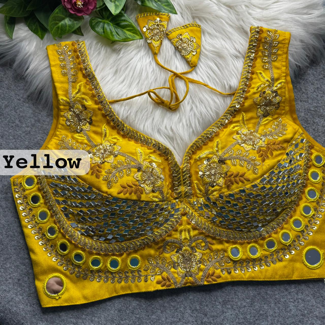 Yellow Pure Heavy Real Mirror Thread &amp; Kaudi Wok Bridal Blouse
