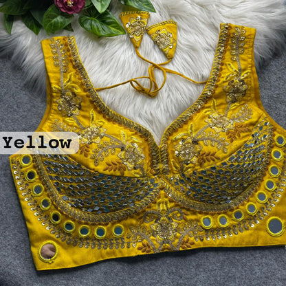 Yellow Pure Heavy Real Mirror Thread &amp; Kaudi Wok Bridal Blouse