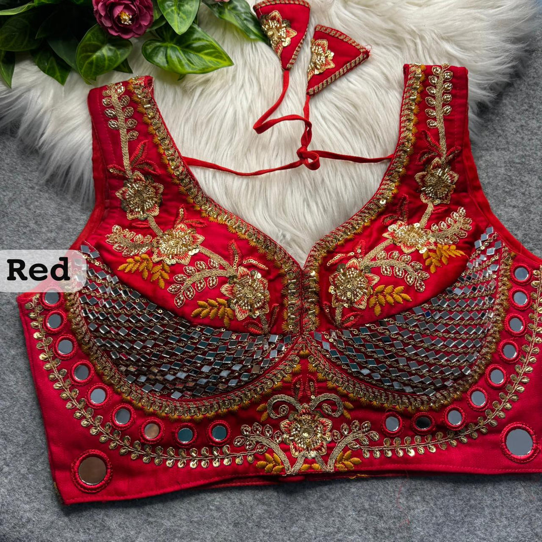 Red Pure Heavy Real Mirror Thread &amp; Kaudi Wok Bridal Blouse