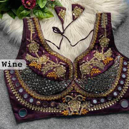 Wine Pure Heavy Real Mirror Thread &amp; Kaudi Wok Bridal Blouse