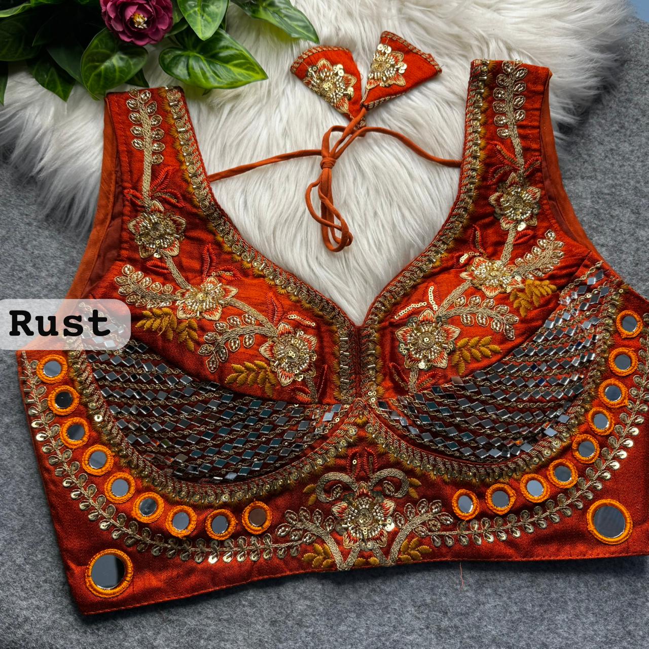 Rust Pure Heavy Real Mirror Thread &amp; Kaudi Wok Bridal Blouse