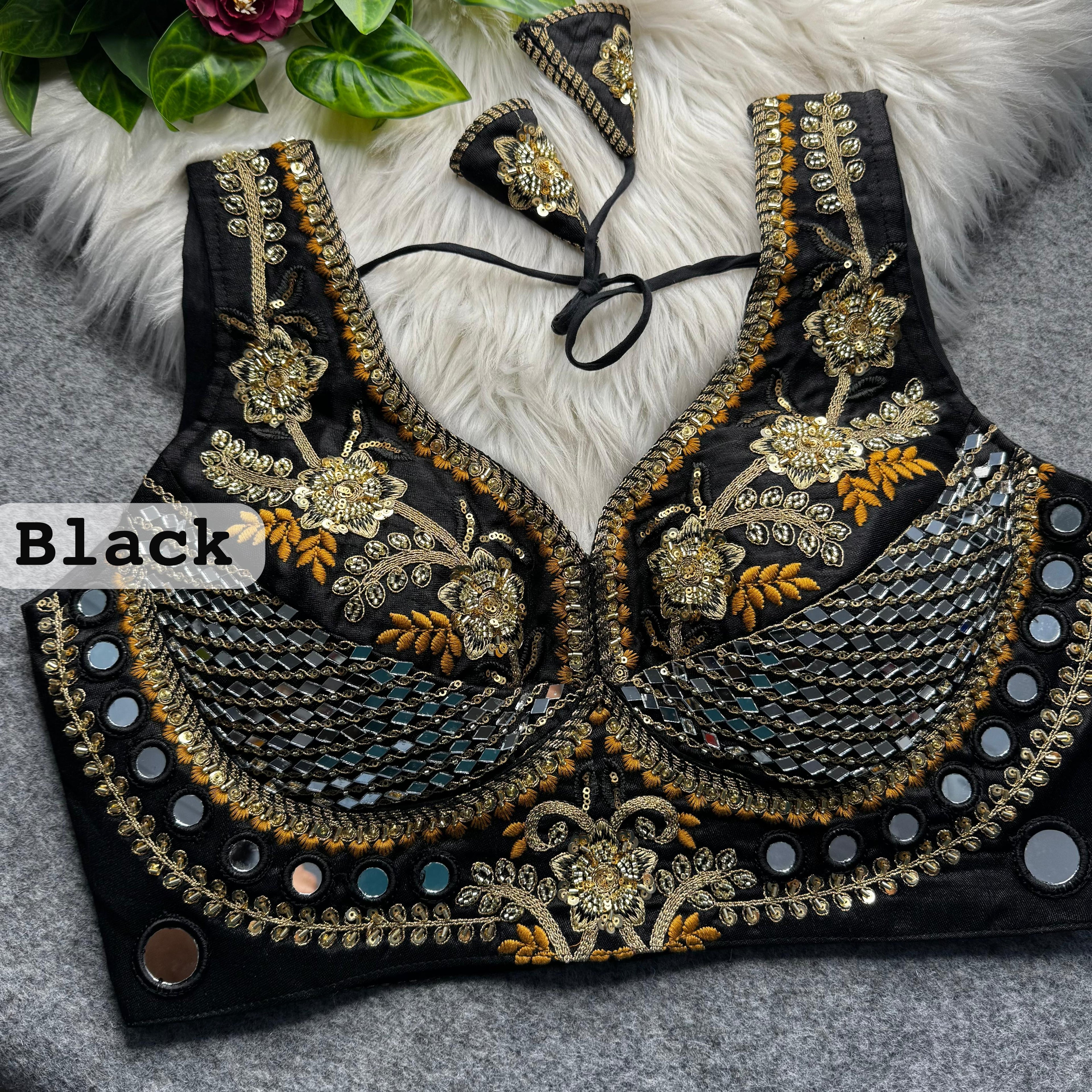 Black Pure Heavy Real Mirror Thread &amp; Kaudi Wok Bridal Blouse