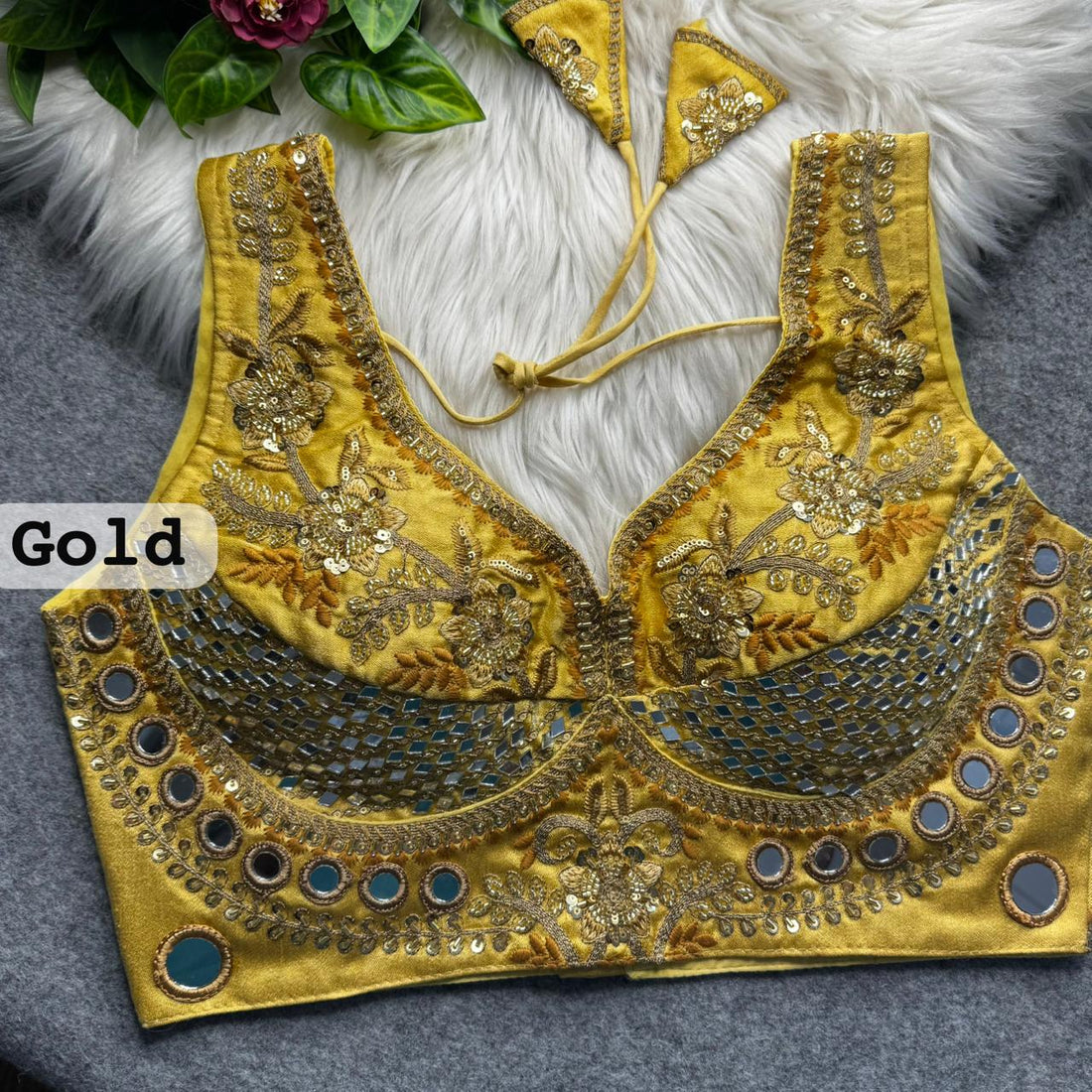 Gold Pure Heavy Real Mirror Thread &amp; Kaudi Wok Bridal Blouse
