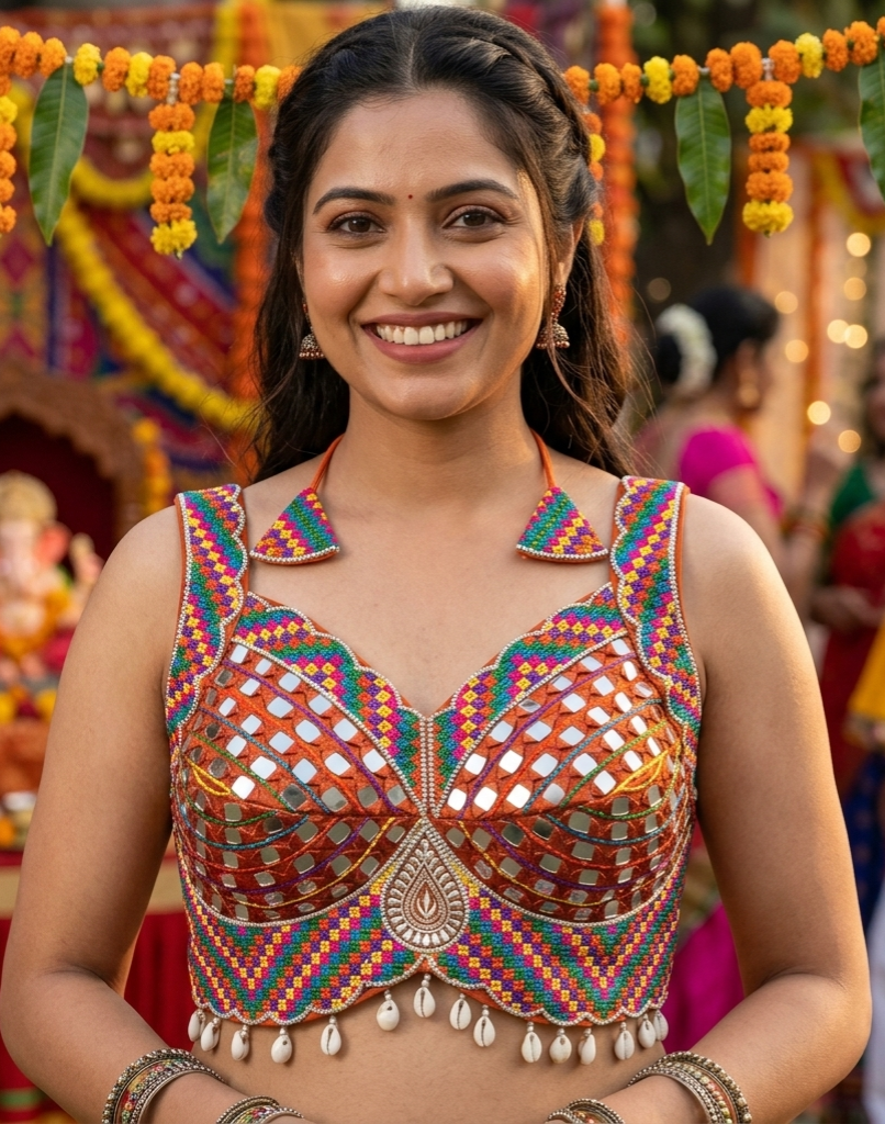 Rust Pure Heavy Real Mirror Thread &amp; Kaudi Wok Bridal Blouse