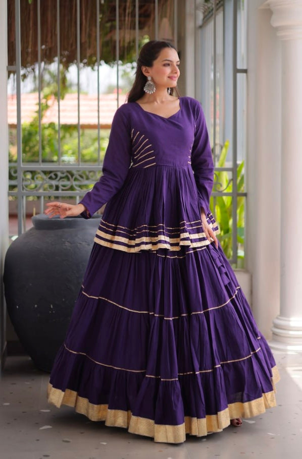 Purple Pure Cora Cotton With Attractive Gota-Patti Work Navratri Lehenga Choli
